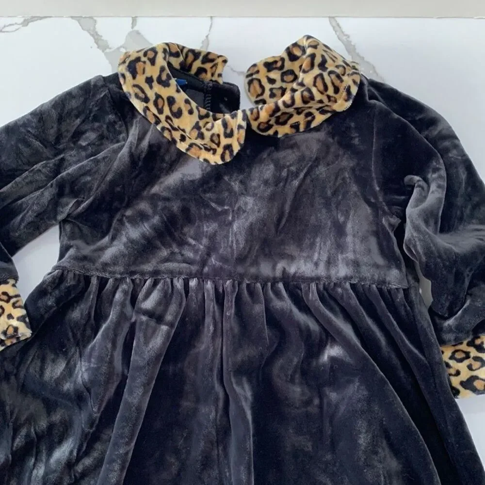 OshKosh BGosh Baby Girls Black Leopard Velvet Long Sleeve Formal Dress Size 18M